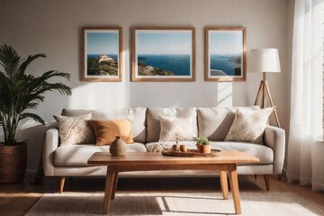 Summer living room. Stylish living room with sofa, wooden table, decorative frames, and natural sunlight from the windows.