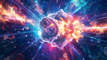 Vivid Illustration of Nuclear Fusion: The Cosmic Dance of Atoms - obrazy, fototapety, plakaty