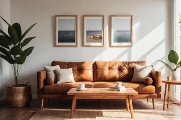 Summer living room. Stylish living room with sofa, wooden table, decorative frames, and natural sunlight from the windows.