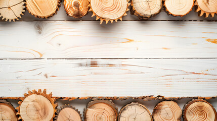 A group of cut up wood logs are arranged on a white wooden surface, showcasing their natural textures and patterns. The logs vary in size and color, creating a visually dynamic composition. - obrazy, fototapety, plakaty