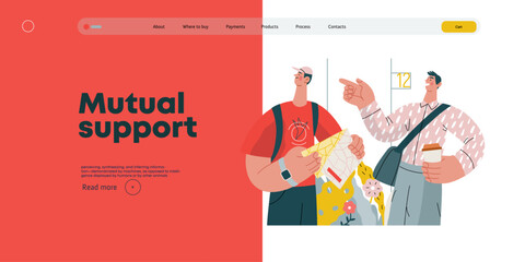 Mutual Support: Directing a passerby -modern flat vector concept illustration of man pointing the way to a tourist. A metaphor of voluntary, collaborative exchanges of resource, services