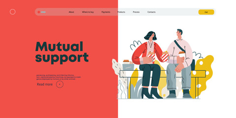Mutual Support: Share food -modern flat vector concept illustration of woman offering half of her lunch to colleague in the park. A metaphor of voluntary, collaborative exchanges of resource, services
