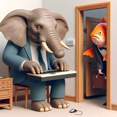 
fish in suit looking at elephant typing on keyboard