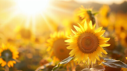 Wide field of sunflowers in summer sunset, panorama blur background. Autumn or summer sunflowers background. Shallow depth of field.