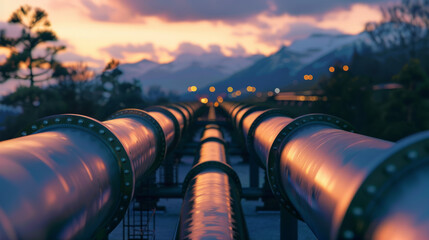 A large oil and gas pipeline in the midst of refining, with blurred background for added focus. - obrazy, fototapety, plakaty