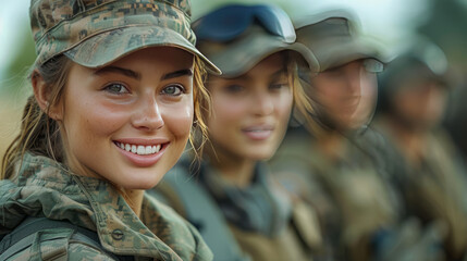 A smiling young female adult soldier wearing a soldier's uniform together with other soldiers,generative ai