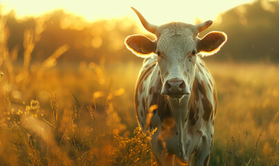 A cow standing in a lush, green pasture bathed in the golden glow of sunrise,generative ai - obrazy, fototapety, plakaty