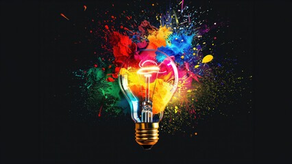 A light bulb is explodes with colorful paint splatters on isolated on black background. The lamp is the main focus of the image, and the splatters of paint around it. - obrazy, fototapety, plakaty