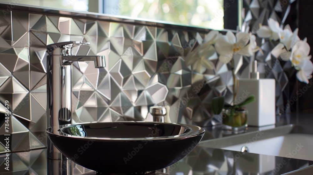 Poster a modern bathroom is enlivened by a geometric tile backsplash in shades of bronze and silver. the ge