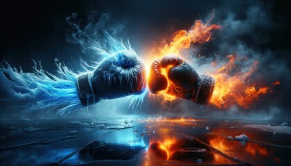two boxing gloves colliding with a dramatic backdrop. The scene is highly dynamic, with one glove engulfed in icy blue