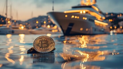Bitcoin Coin Elegantly Resting on Seashore with Luxury Yachts Illuminated at Twilight in the Background