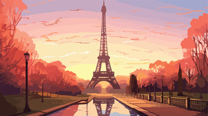 View of the Eiffel tower at sunset .. 2d flat cartoon - obrazy, fototapety, plakaty
