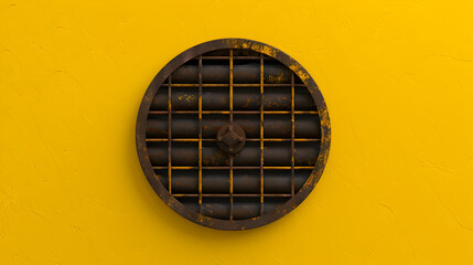 A round metal grate is securely mounted to a vibrant yellow wall, creating a unique visual focal point. The sunlight plays off the intricate patterns of the grate, casting intriguing shadows.