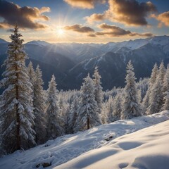Fototapeta na wymiar Sun casts its golden rays through clouds, illuminating serene, picturesque landscape of snow-covered mountains, forests. Trees, blanketed in snow, stand tall.