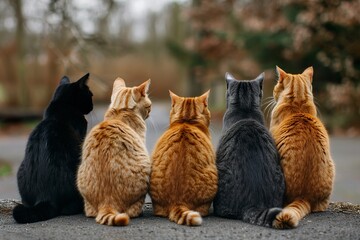 Cats on their backs in casual grace and innate independence. Cats on their backs full of curiosity with something visible in a mysterious and cute scene. - obrazy, fototapety, plakaty