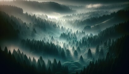 forest shrouded in mist, with a focus on the layers of trees and the varying shades of green - obrazy, fototapety, plakaty