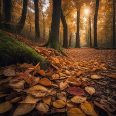 Serene forest bathed in warm glow of sunlight filtering through dense canopy of leaves, casting enchanting illumination that highlights rich hues of autumn. Ground carpeted with crisp, fallen leaves. - obrazy, fototapety, plakaty