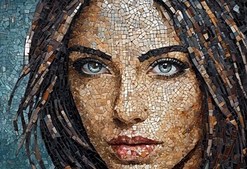 A mosaic artwork of a beautiful woman with flowing brown hair, thinking or self-reflecting. Imagery and wall art for your hair salon, sauna, yoga studio, or female-owned business.