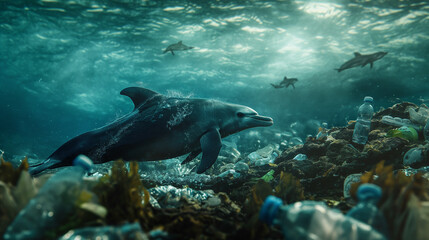 Fototapeta premium Sea mammals or dolphins get caught in the plastic waste in the sea