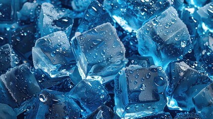 A pile of blue ice cubes with water drops on a pink surface in closeup