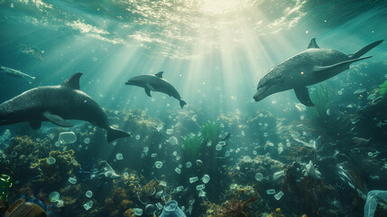 Sea mammals or dolphins  get caught in the plastic waste in the sea