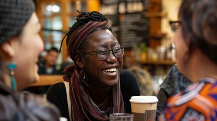 A candid moment of laughter shared between friends from different cultural backgrounds at a local coffee shop, their genuine smiles reflecting the universal language of joy.