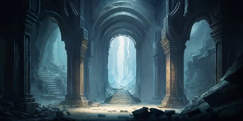 Deurstickers Misty mountain cave chamber with mysterious underground entrance, large pillars and archway gate carved stone ruins, perilous labyrinth of tunnels, dimly lit ancient role playing fantasy underworld. © SoulMyst