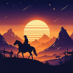 free vector West sunset silhouette landscape with cowboy on horse