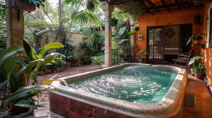 A room with a large jacuzzi in the center and a waterfall as the backdrop - obrazy, fototapety, plakaty