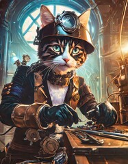 スチームパンクな世界で機械を修理している技術工の猫技師 
