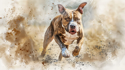 Portrait of American Pit Bull Terrier dog running toward camera. Colorful watercolor painting illustration. - obrazy, fototapety, plakaty