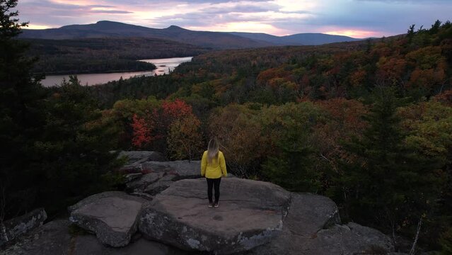 Drone Girl Looking at Catskills Sunset Autumn Colorful Trees