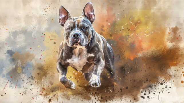 Portrait of American Pit Bull Terrier dog running toward camera. Colorful watercolor painting illustration.