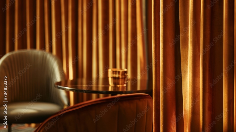 Poster the velvet curtains d elegantly to the ground their soft folds adding depth and texture to the room.