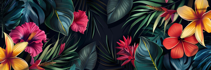 illustration of tropical flowers and leaves, generative AI
