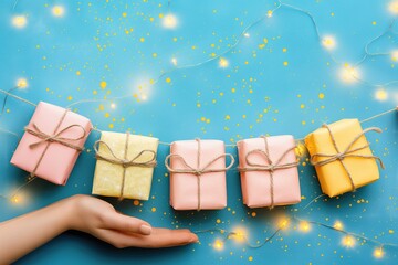 Colorful gift boxes on pink background with hand