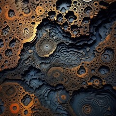 Fractals on scaly surfaces, in the style of dark gold and indigo, earthy textures, stone, intricately sculpted, burned charred