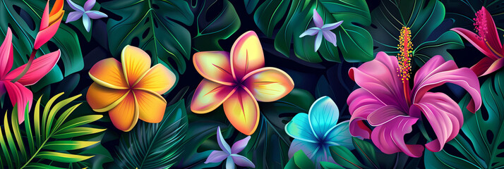 illustration of tropical flowers and leaves, generative AI