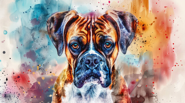Portrait of Boxer dog. Colorful watercolor painting illustration.