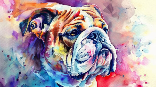 Portrait of bulldog dog. Colorful watercolor painting illustration.