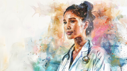 Portrait of female doctor wearing doctor gown with stethoscope. Colorful watercolor painting illustration.