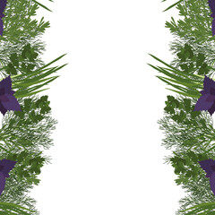 Fresh greens frame concept of healthy eating. Onion dill rosemary and basil. Menu design cafe, restaurant, flyer, poster. Vector illustration.