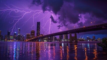 A bridge over city waters, becoming the focal point of a natural light show as purple lightning arcs overhead, casting reflections below.