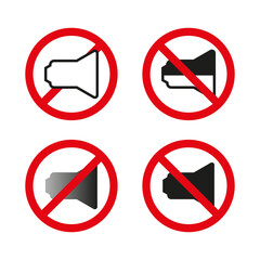 No sound icons. Prohibited speaker signs. Silent mode symbols. Vector illustration. EPS 10.