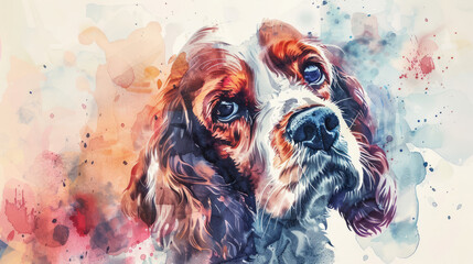 Portrait of Cocker Spaniel dog. Colorful watercolor painting illustration. - obrazy, fototapety, plakaty
