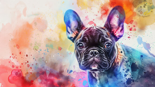 Portrait of french bulldog dog. Colorful watercolor painting illustration.