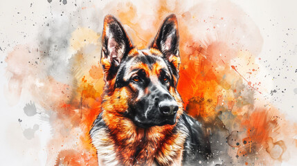 Portrait of german shepherd dog. Colorful watercolor painting illustration. - obrazy, fototapety, plakaty