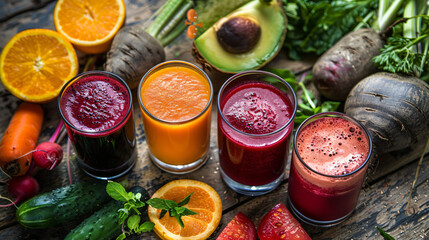 Various freshly squeezed fruits and vegetables juice