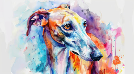 Portrait of Greyhound dog. Colorful watercolor painting illustration.