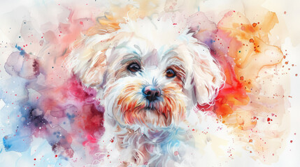 Portrait of maltese dog. Colorful watercolor painting illustration. - obrazy, fototapety, plakaty